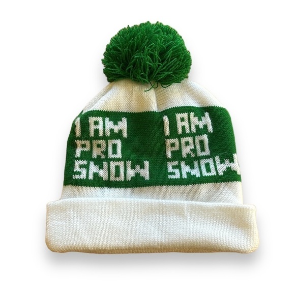 Vintage Beanie I AM PRO SNOW white and green w puff ball top knit made in USA - Picture 1 of 7